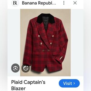 Banana Republic 100% Wool Plaid Captain’s Blazer w/ Gold Tone Buttons P2P 18 in.